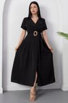 Siyah Midi Gömlek Yaka Tokalı Kemerli Elbise