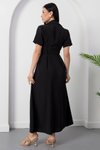 Siyah Midi Gömlek Yaka Tokalı Kemerli Elbise