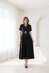 Midi Tencel Wrap-Neck Belt-Detail Dress - Black