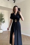 Siyah Midi Kruvaze Yaka Kemer Detaylı Tensel Kumaş Elbise