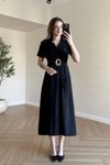 Siyah Midi Kruvaze Yaka Kemer Detaylı Tensel Kumaş Elbise