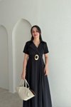 Siyah Midi Kruvaze Yaka Kemerli Tensel Kumaş Elbise