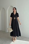 Siyah Midi Kruvaze Yaka Kemerli Tensel Kumaş Elbise