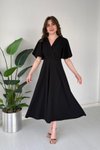 Siyah Midi Kruvaze Yaka Volanlı Elbise