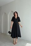 Siyah Midi Kruvaze Yaka Volanlı Elbise