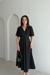 Siyah Midi Kruvaze Yaka Volanlı Elbise