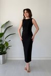 Siyah Midi Sıfır Kol Drape Detaylı Arkası Yırtmaçlı Krep Elbise