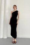 Siyah Midi Tek Omuzlu Yırtmaçlı Drape Detaylı Elbise