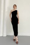Siyah Midi Tek Omuzlu Yırtmaçlı Drape Detaylı Elbise