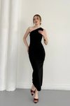 Siyah Midi Tek Omuzlu Yırtmaçlı Drape Detaylı Elbise
