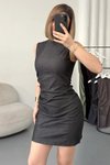 Siyah Mini Sıfır Kol Büzgülü Kot Elbise