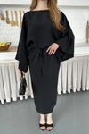 Siyah Modal Midi Bel Bağlamalı İspanyol Kol Elbise