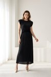 Siyah Piliseli Midi Bel Detaylı Elbise