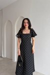 Siyah Puantiye Desenli Midi Volanlı Elbise