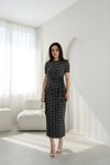 Siyah Puantiyeli Midi Bağlamalı Yanı Yırtmaçlı Elbise