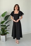 Siyah Puantiyeli Midi Volan Kollu Elbise