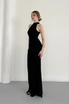 Siyah Uzun Beli Büzgülü Yırtmaçlı Halter Yaka Abiye Elbise