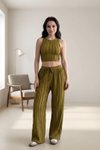 Cropped Halter Neck Reverse Stitch Two-piece Pant Set - Oil Green