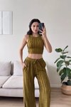 Yağ Yeşili Halter Yaka Crop Ters Dikiş Pantolon İkili Takım