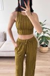 Yağ Yeşili Halter Yaka Crop Ters Dikiş Pantolon İkili Takım