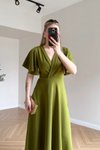 Yeşil Midi Kruvaze Yaka Eteği Volanlı Elbise