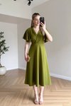 Yeşil Midi Kruvaze Yaka Eteği Volanlı Elbise