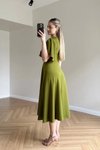 Yeşil Midi Kruvaze Yaka Eteği Volanlı Elbise