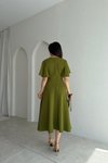 Yeşil Midi Kruvaze Yaka Volanlı Elbise