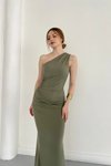 Yeşil Midi Tek Omuz Drape Detaylı Yırtmaçlı Abiye Elbise