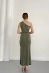 Yeşil Midi Tek Omuz Drape Detaylı Yırtmaçlı Abiye Elbise