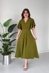 Yeşil Midi Volanlı Kruvaze Yaka Elbise