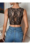 Siyah Crop Arkası Dantel Dekolteli Bluz