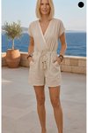 Bej Kısa Kollu Cepli Şort Tulum