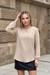 Bej Ponponlu Oval Kesim Yırtmaçlı Yaka Tunik Bluz