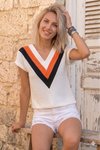 Ekru Beyaz Siyah Bloklu V Yaka Kısa Duble Kol Bluz