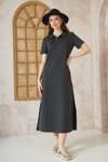 Gri Antrasit Uzun Kısa Kollu Yırtmaçlı Polo Yaka Elbise