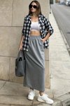 Gri Uzun Cepli Beli Lastikli Etek