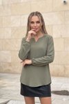 Haki Oval Kesim Kolu Lastikli Yırtmaçlı Yaka Bluz