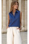 Lacivert Dar Kesim Arkası Uzun Yarım Düğmeli Sıfır Kollu Keten Bluz
