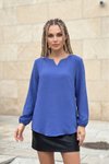 Mavi İndigo Oval Kesim Kolu Lastikli Tunik Bluz