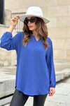 Mavi İndigo Oval Kesim Kolu Lastikli Tunik Bluz