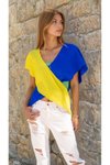Mavi Salaş İkili Derin V Yaka Düşük Kol Çapraz Maya Krep Bluz