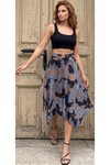 Mavi Siyah Beyaz Bohem Asimetrik Midi Etek