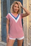 Pembe Pudra Beyaz Renk Bloklu V Yaka Kısa Duble Kol Bluz