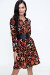 Siyah Çiçek Desenli Mini Kloş Deri Kemerli Elbise