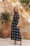 Long Loose Plaid Halter Neck Dress - Black