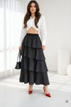 Siyah Uzun Volanlı Lastikli Bel Kupra Krep Etek