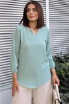 Su Yeşili Ponponlu Oval Kesim Yırtmaçlı Yaka Bluz
