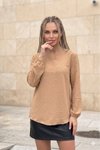 Taba Kahverengi Oval Kesim Ponponlu Yırtmaçlı Yaka Bluz