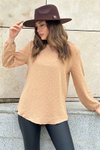 Taba Kahverengi Oval Kesim Ponponlu Yırtmaçlı Yaka Bluz